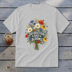Light gray t-shirt with "Decoration Day Blooms" text and a bouquet of wildflowers.