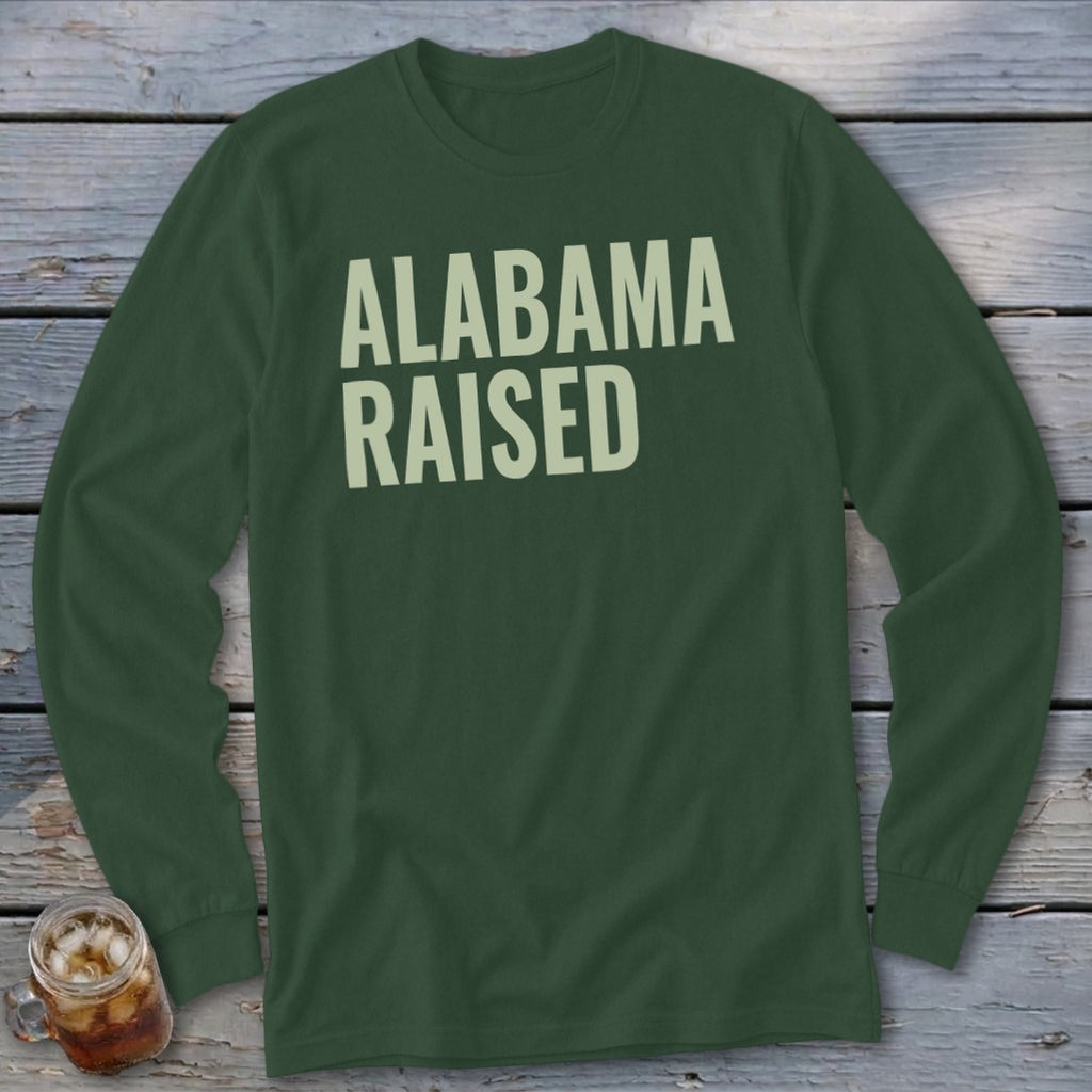 Green long-sleeve shirt with "ALABAMA RAISED" text.