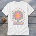 White t-shirt with hexagon quilt design and "Grandmother's Flower Garden" text.