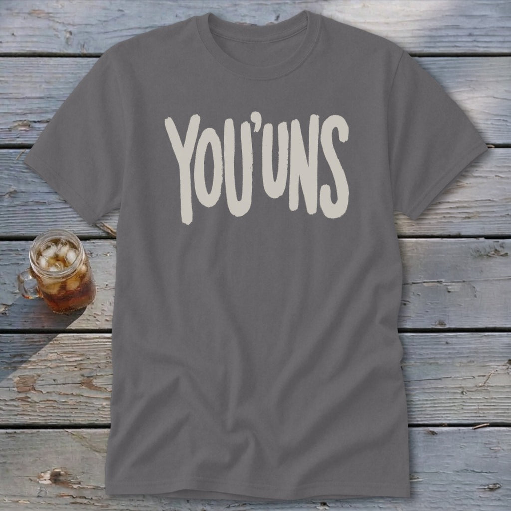 Grey t-shirt with "YOU'UNS" in cream, textured lettering.