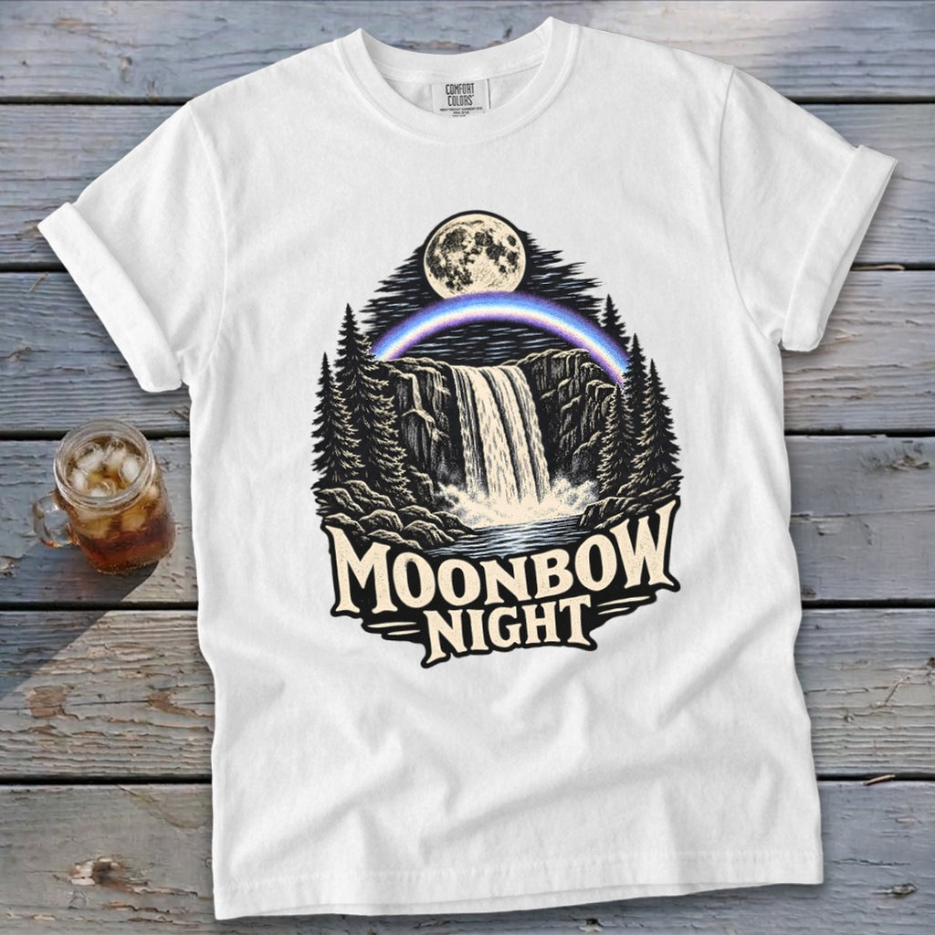 White t-shirt with "Moonbow Night" graphic featuring a waterfall, moon, and rainbow.