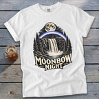 White t-shirt with "Moonbow Night" graphic featuring a waterfall, moon, and rainbow.