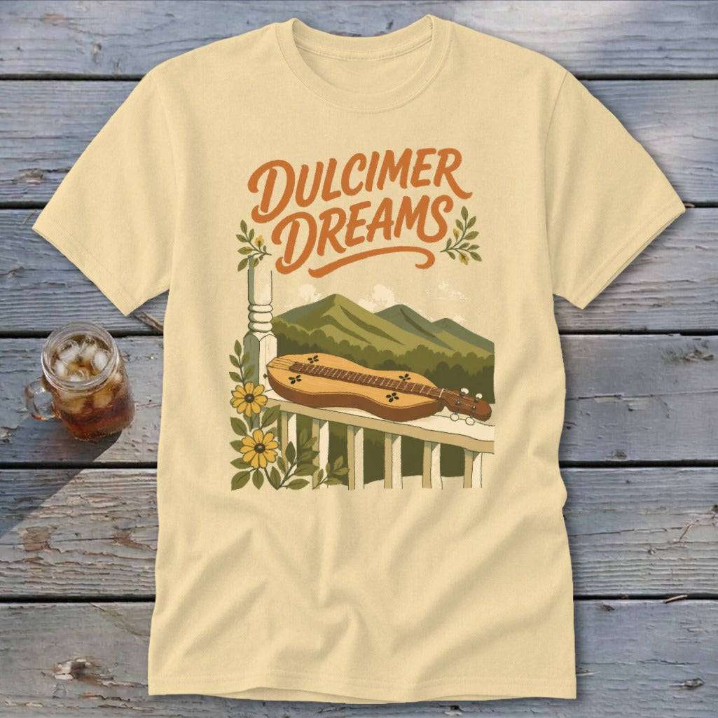 T-shirt with "Dulcimer Dreams" text and mountain scene with a dulcimer.