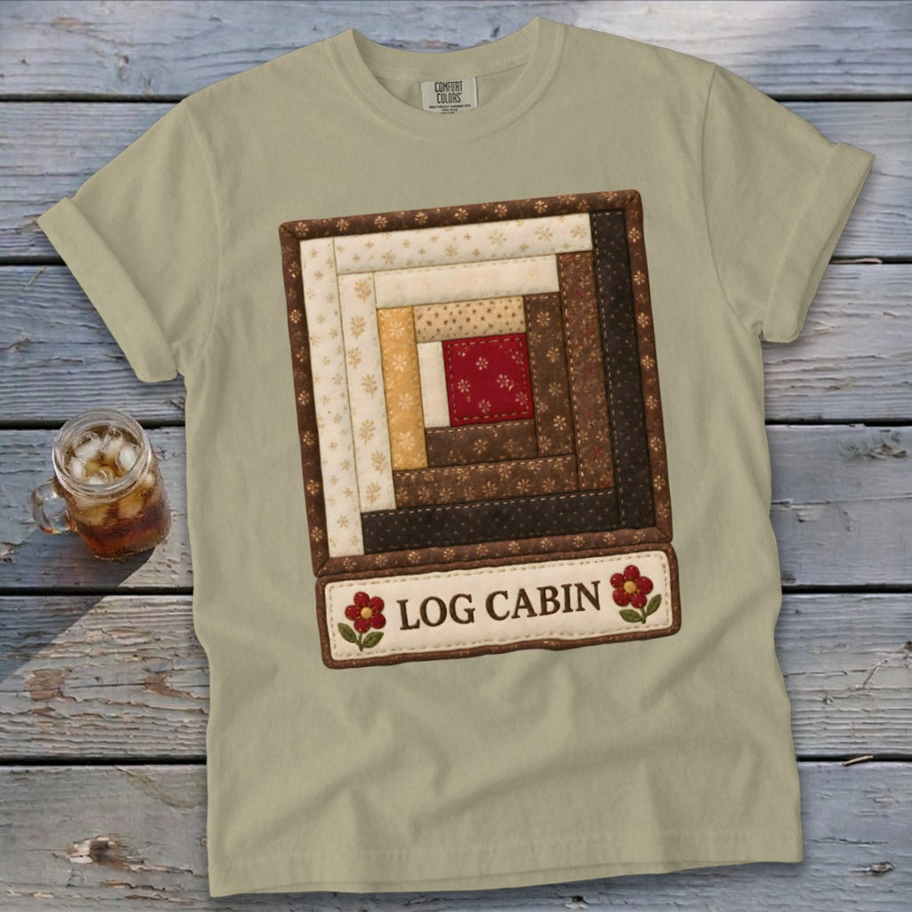 T-shirt with a quilt-style "Log Cabin" graphic and flowers.