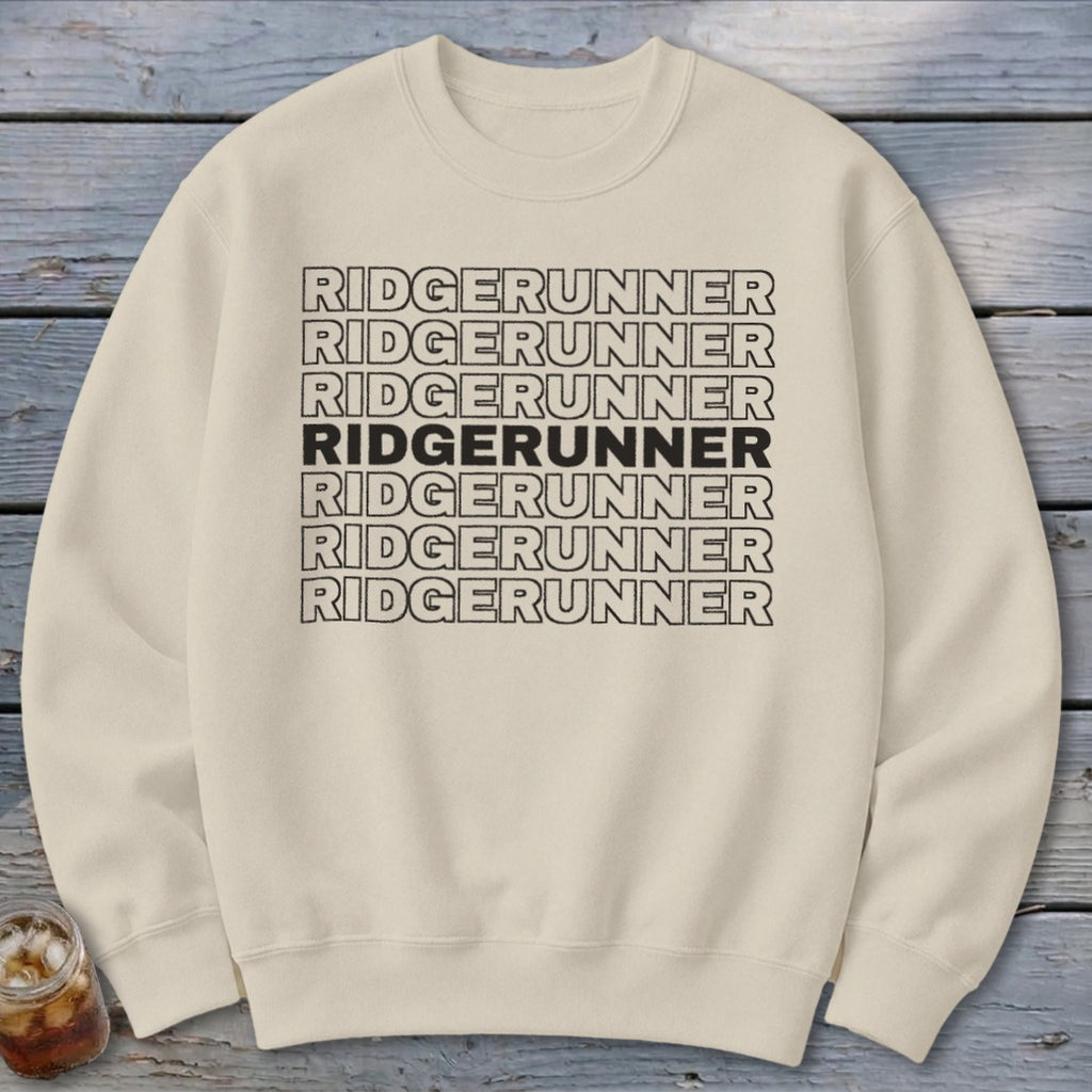 Cream sweatshirt with repeated "RIDGERUNNER" text, one line bolded.
