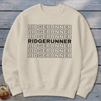 Cream sweatshirt with repeated "RIDGERUNNER" text, one line bolded.
