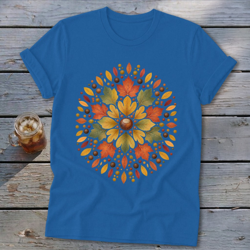 Blue t-shirt with a circular autumn leaf and acorn design.