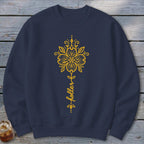 Navy blue sweatshirt with yellow floral design and "holler" text.