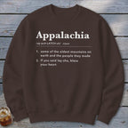 A brown crewneck sweatshirt featuring a dictionary-style definition of Appalachia printed in white text.
