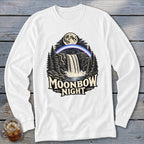 White long-sleeve shirt with "Moonbow Night" text and a waterfall scene.