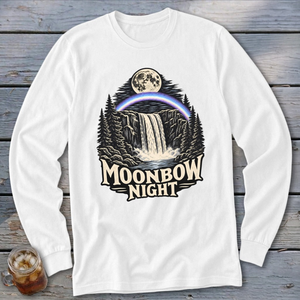 White long-sleeve shirt with "Moonbow Night" text and a waterfall scene.