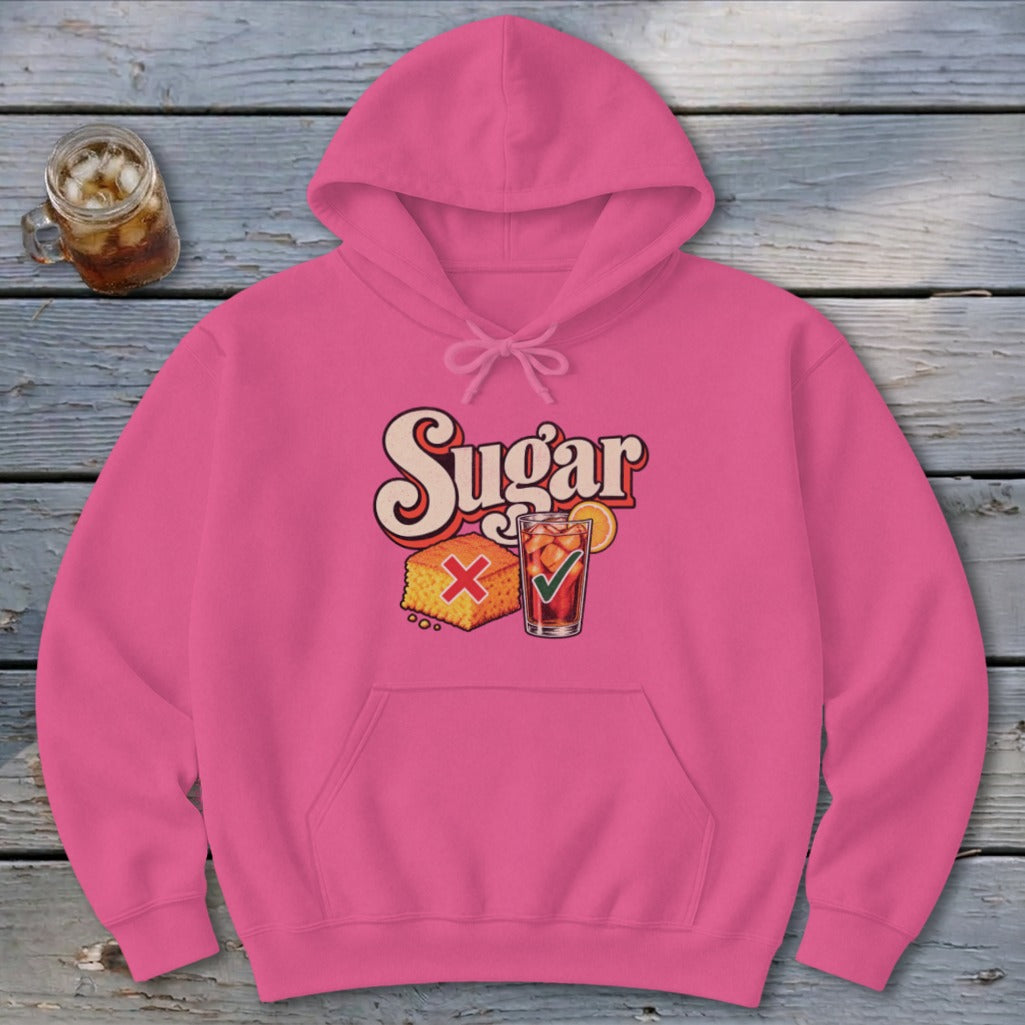 Bright pink hooded sweatshirt featuring a vintage graphic that says Sugar with a cornbread piece and iced tea.