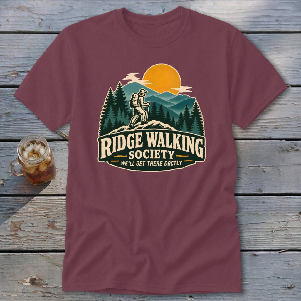 Burgundy t-shirt with "Ridge Walking Society" graphic of a hiker in mountains.