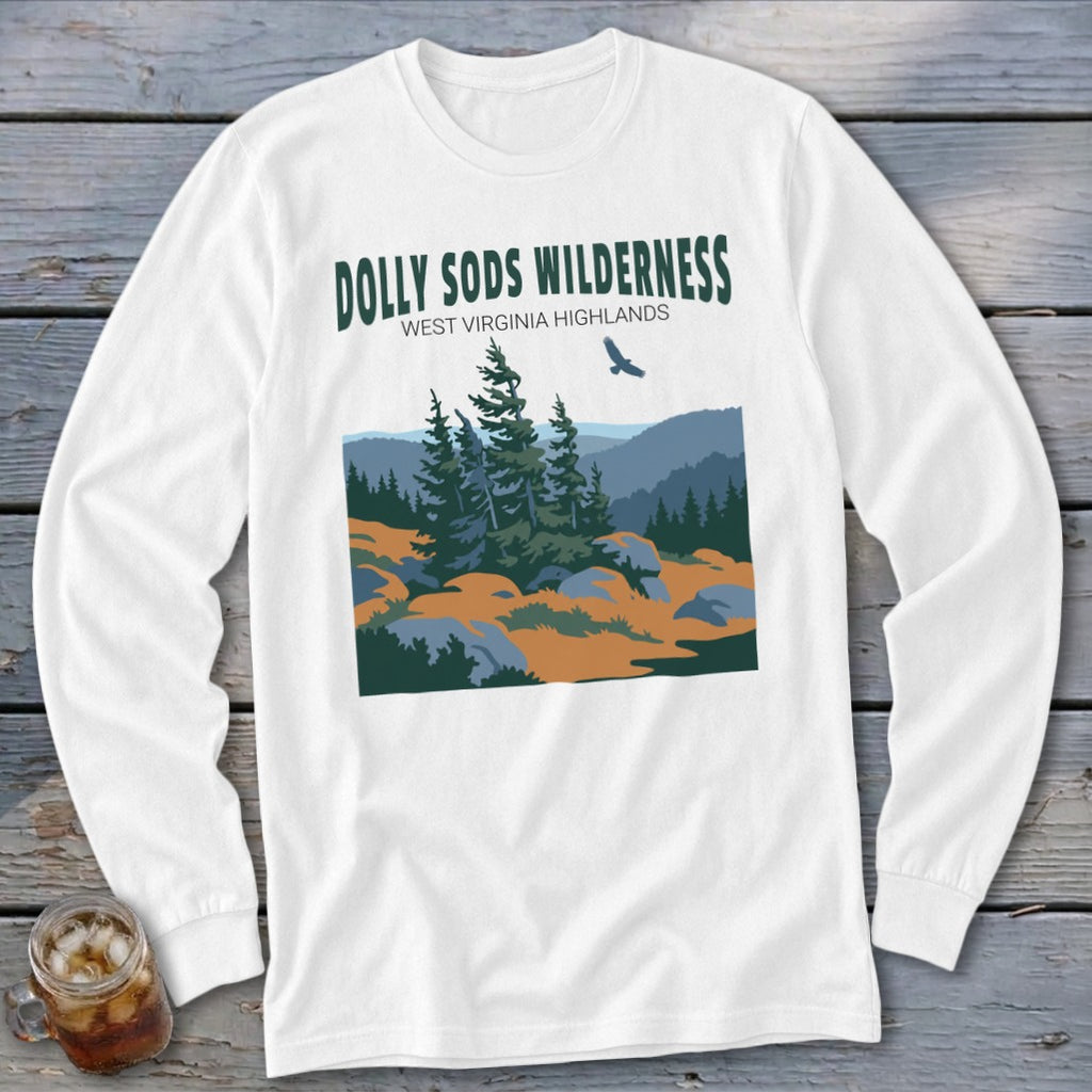White long-sleeve t-shirt with a graphic of Dolly Sods Wilderness, featuring trees, mountains, and a flying bird.