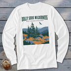 White long-sleeve t-shirt with a graphic of Dolly Sods Wilderness, featuring trees, mountains, and a flying bird.