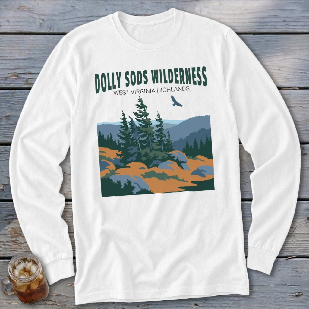 White long-sleeve t-shirt with a graphic of Dolly Sods Wilderness, featuring trees, mountains, and a flying bird.