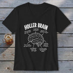 Black t-shirt with "Holler Brain" and a diagram of a brain with humorous text labels.
