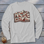 Light gray long-sleeve t-shirt with a red and black landscape graphic featuring mountains, trees, and geometric quilt patterns.