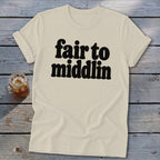 Cream t-shirt with "fair to middlin" text and a glass of iced tea.