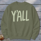 Olive green sweatshirt with "Y'ALL" text in a light green, brushstroke font.