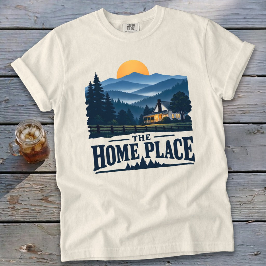 Cream t-shirt with "The Home Place" text and a mountain landscape graphic.