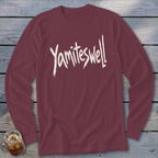 Maroon long-sleeved shirt with "Yamiteswell" in distressed white lettering.
