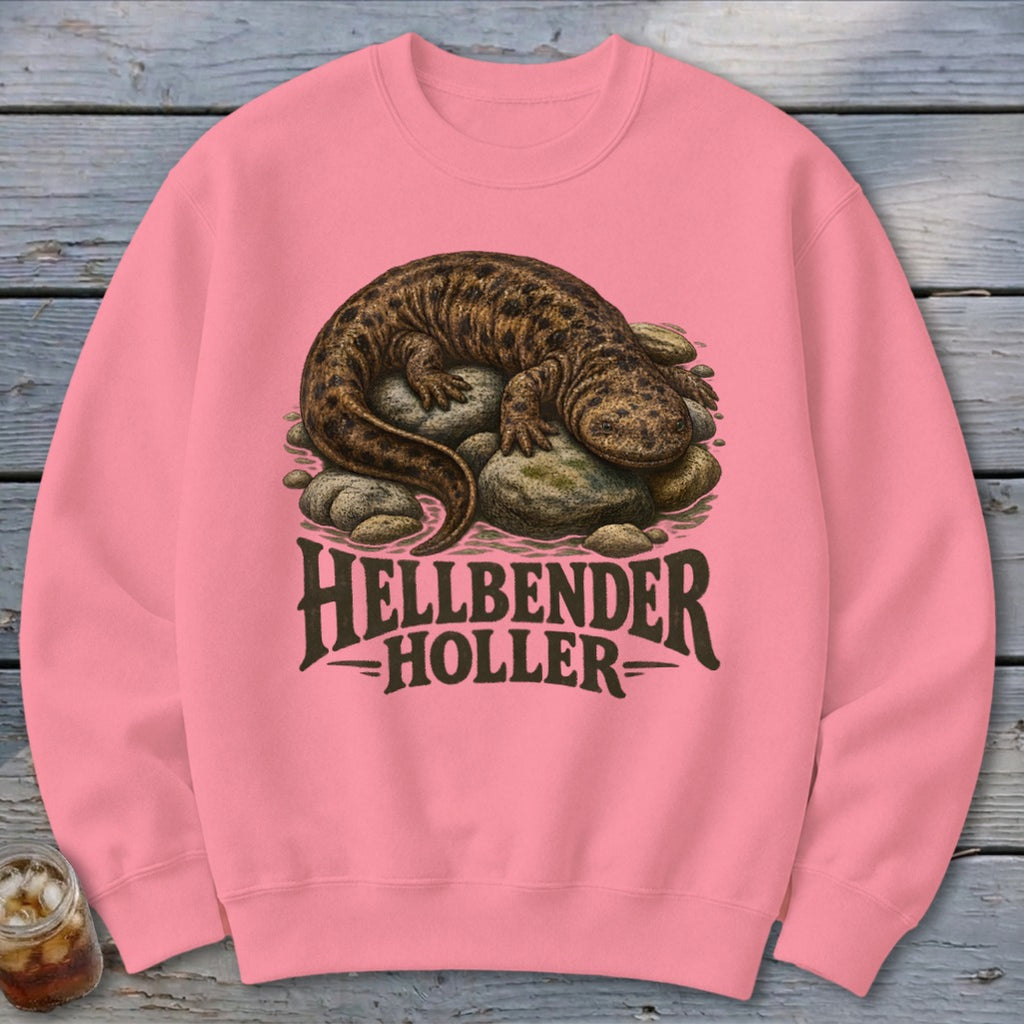 Pink sweatshirt with a hellbender on rocks and text "HELLBENDER HOLLER".