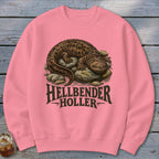 Pink sweatshirt with a hellbender on rocks and text "HELLBENDER HOLLER".
