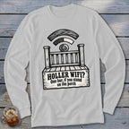 Light gray long-sleeve t-shirt with a black graphic of a porch and the text HOLLER WIFI? One bar, if you stand on the porch.