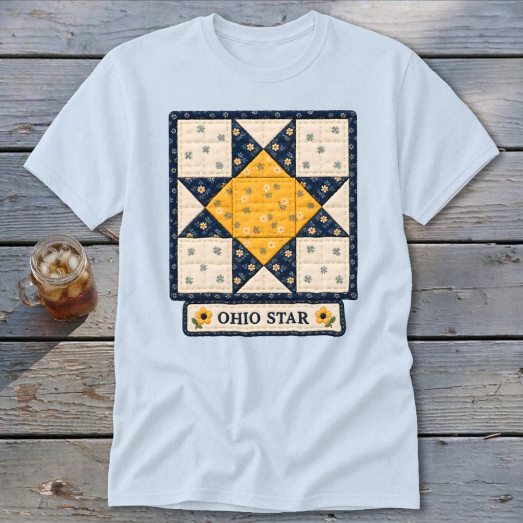 Light blue t-shirt with Ohio Star quilt block design and text.