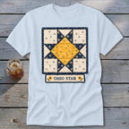 Light blue t-shirt with Ohio Star quilt block design and text.