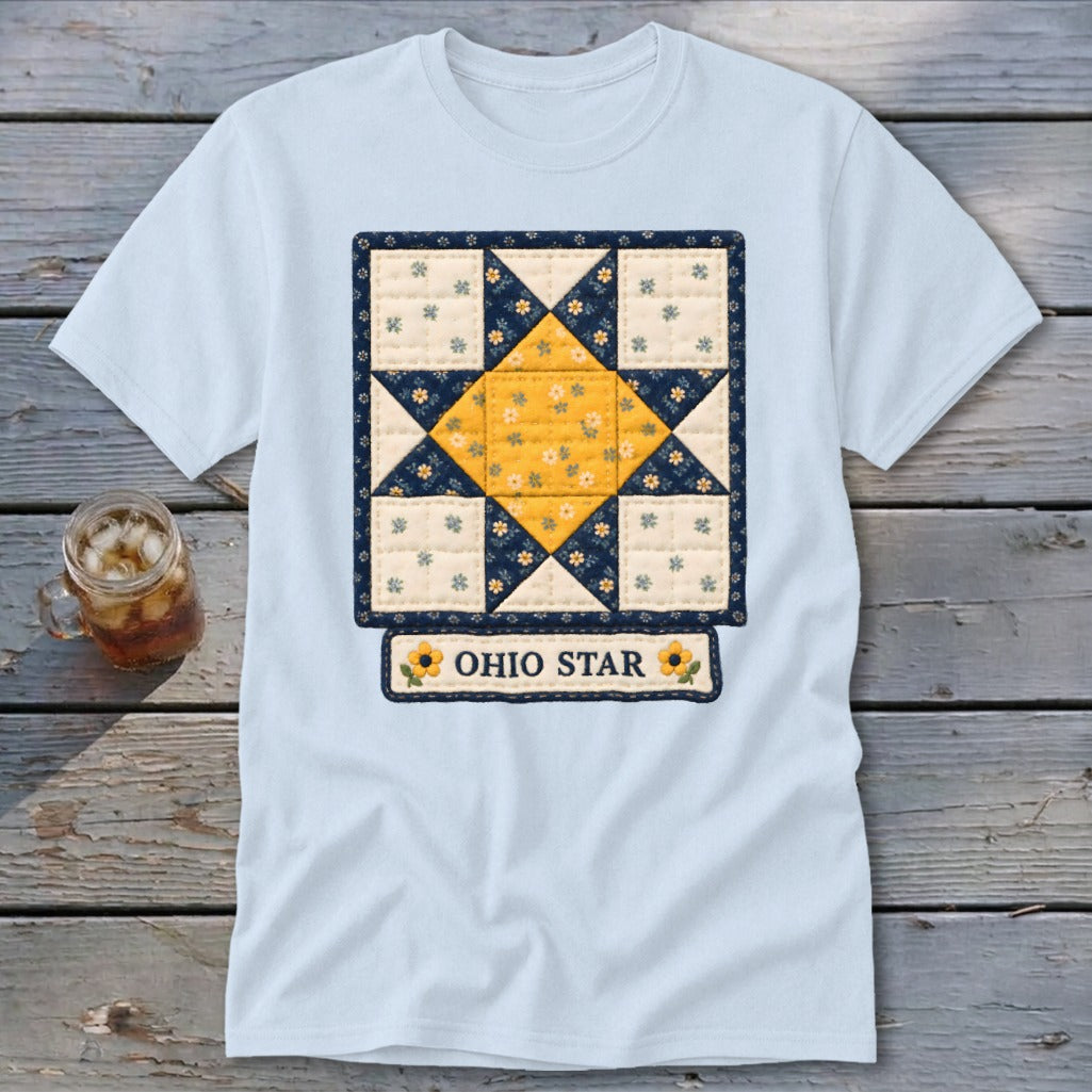Light blue t-shirt with Ohio Star quilt block design and text.