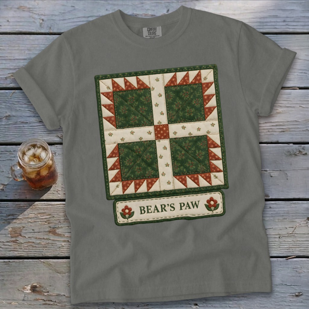 Gray t-shirt with a Bear's Paw quilt design and text.