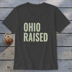 Dark grey V-neck t-shirt with "OHIO RAISED" printed in light green.