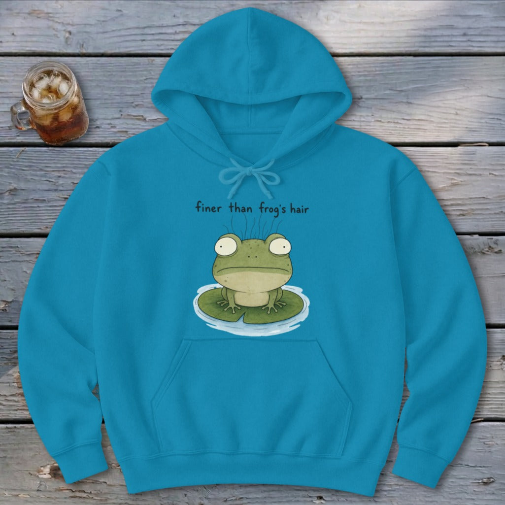 Bright blue hooded sweatshirt featuring a cartoon frog on a lily pad with the text finer than frog's hair.