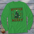 Bright green long-sleeve t-shirt with a vintage Christmas tree graphic and Mountain Merry text.