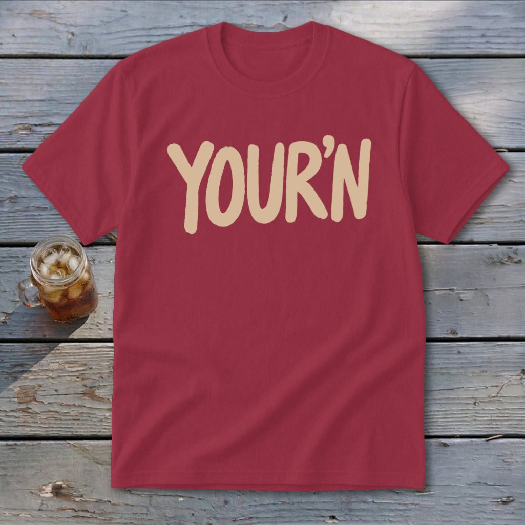 Maroon t-shirt with "YOUR'N" text and a glass of iced tea.