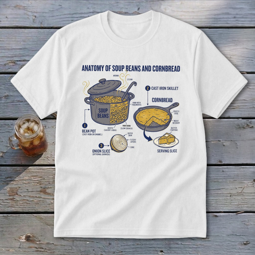 Anatomy of soup beans and cornbread diagram with labeled components of a bean pot and skillet.