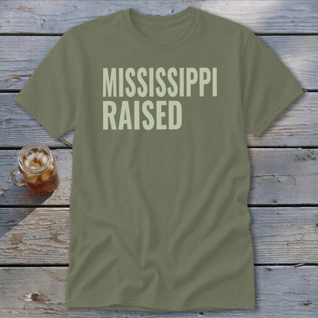 Olive t-shirt with "MISSISSIPPI RAISED" in light green text.