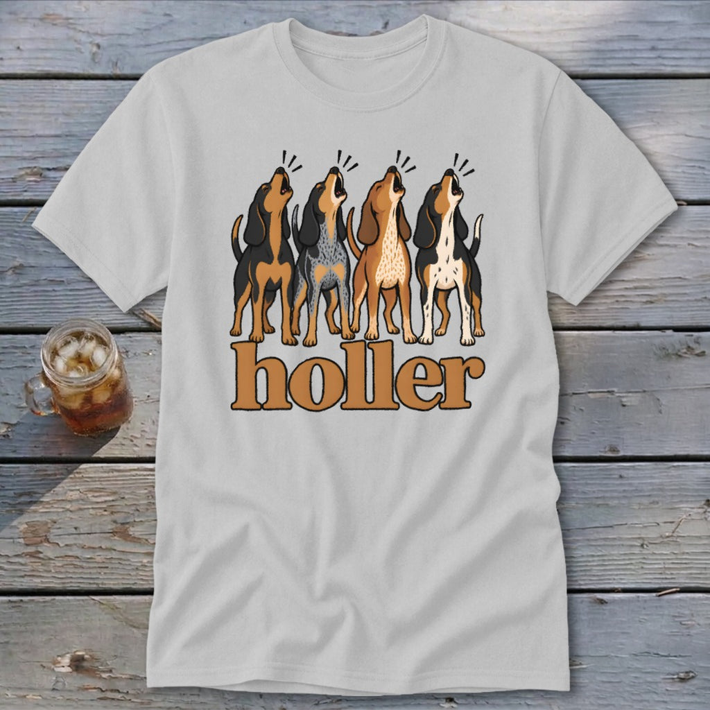 White t-shirt with illustration of four howling dogs above the word "holler".