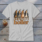 White t-shirt with illustration of four howling dogs above the word "holler".