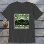 Charcoal v-neck t-shirt featuring a green and black mountain graphic with text that reads born in the holler raised on the ridge.