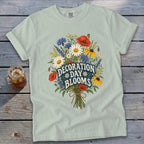 Light blue t-shirt with "Decoration Day Blooms" text and a floral bouquet graphic.