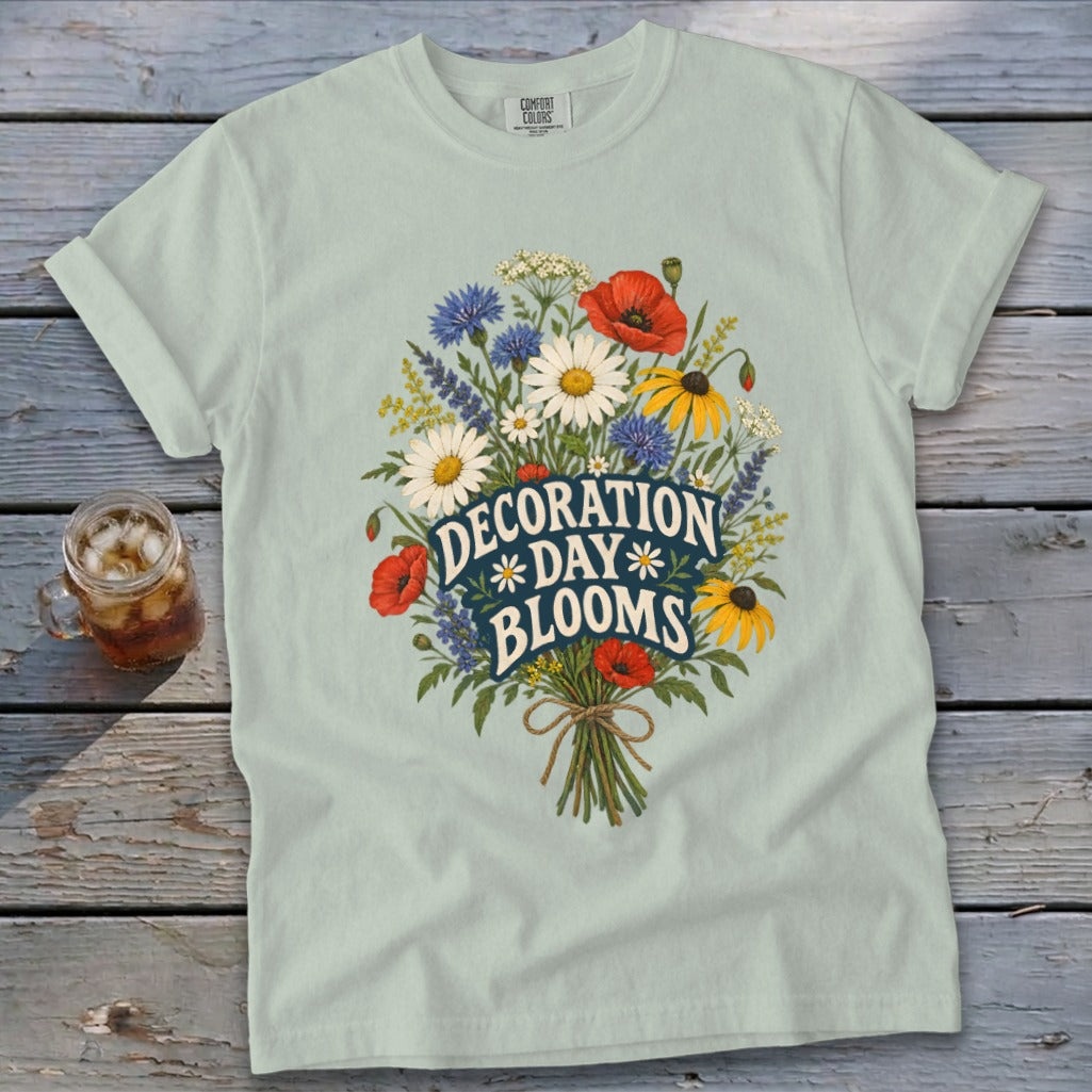 Light blue t-shirt with "Decoration Day Blooms" text and a floral bouquet graphic.