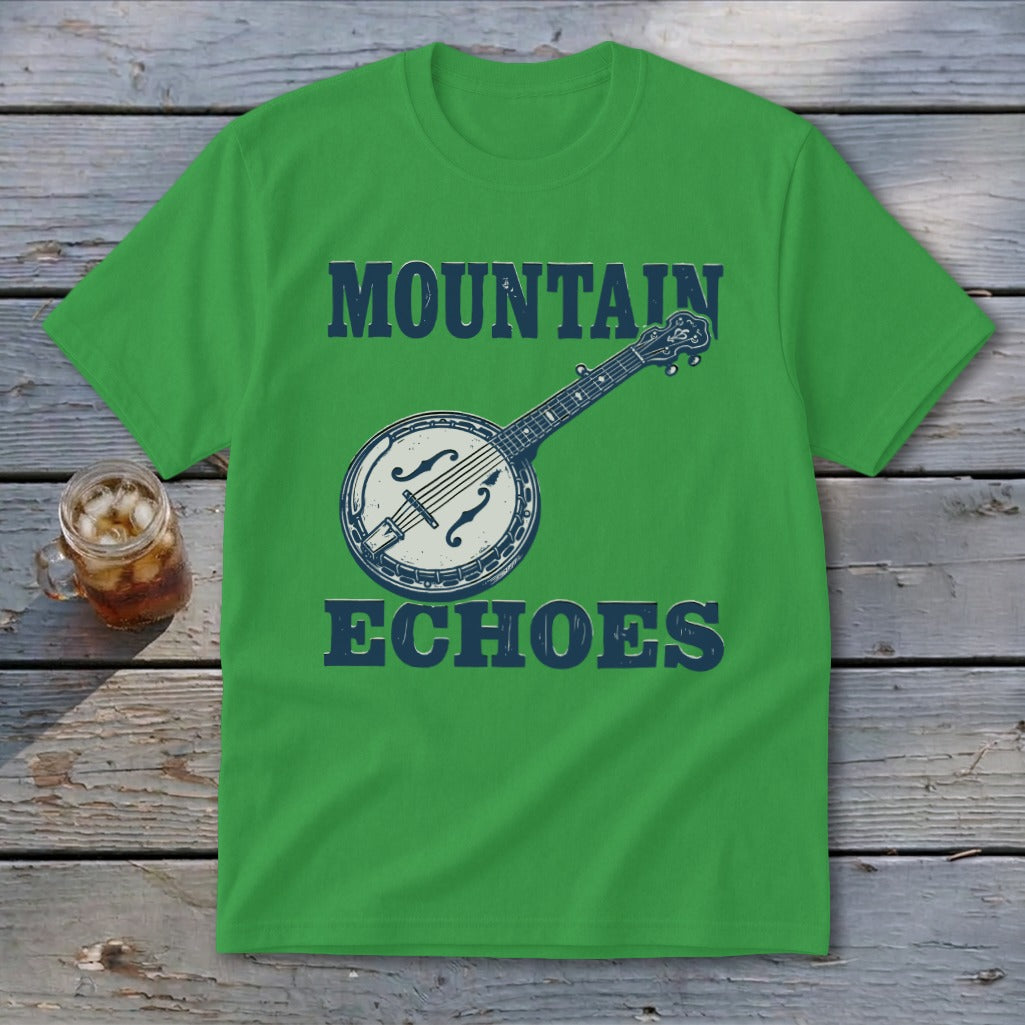 A green short-sleeved t-shirt featuring a blue graphic of a banjo and the text MOUNTAIN ECHOES.