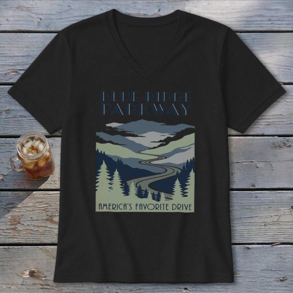 A black v-neck t-shirt featuring a Blue Ridge Parkway graphic with mountains, trees, and a winding road.
