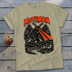 Mothman graphic t-shirt with a dark silhouette design and orange accents.