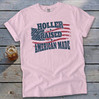 Pink t-shirt with "Holler Raised American Made" and distressed US flag.