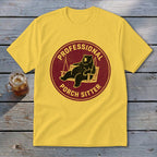 Yellow crewneck t-shirt featuring a circular graphic of a bear relaxing in a porch swing with text.