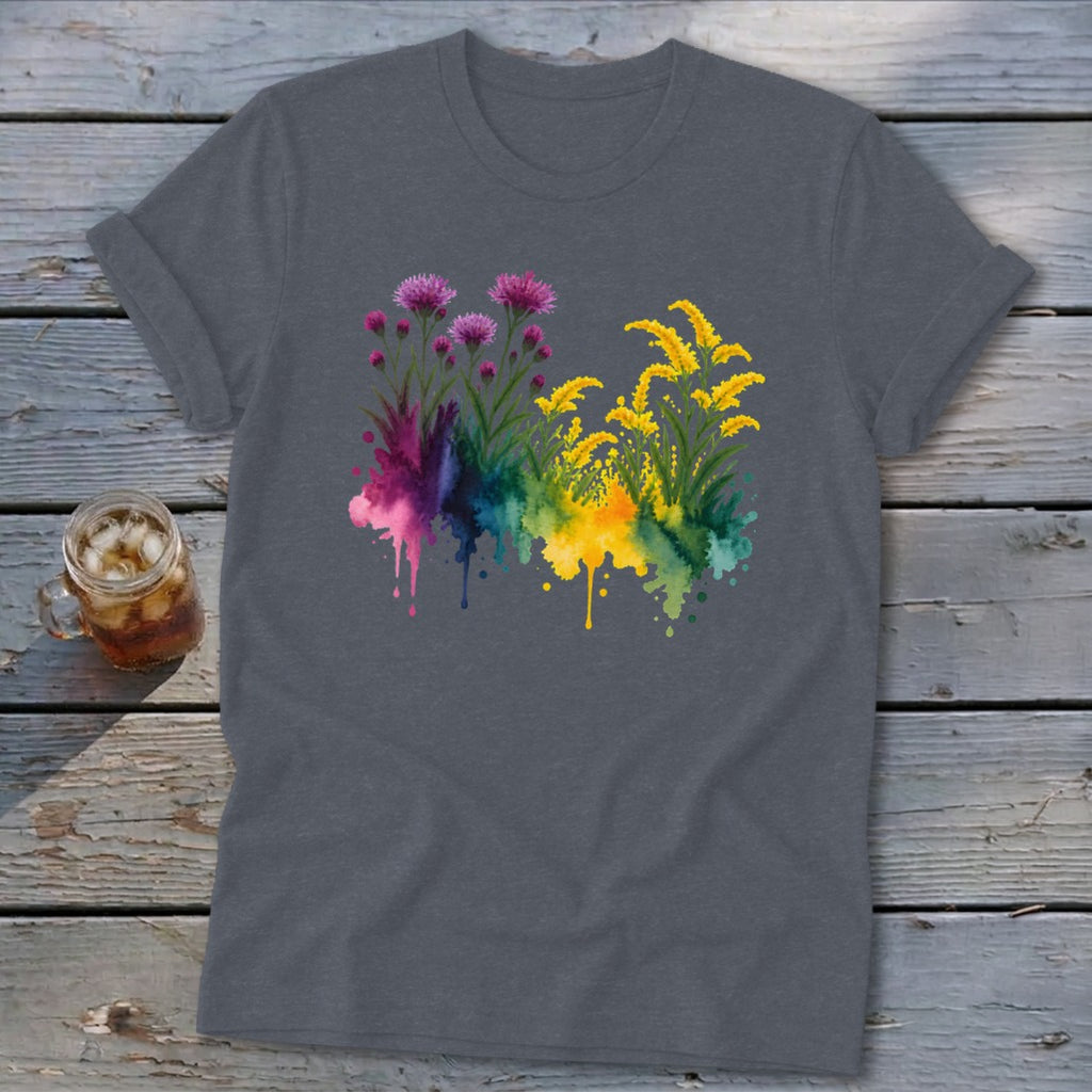 Gray t-shirt with watercolor floral design of purple thistles and yellow wildflowers.